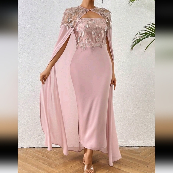 Elegant Two-Piece Set Women Glitter Decorated Shawl Dress 2 Piece Set - Picture 1 of 5